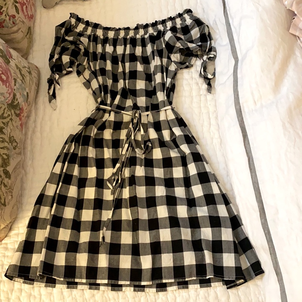 Small - Black and White Gingham Off the Shoulder Mini Dress - LOFT